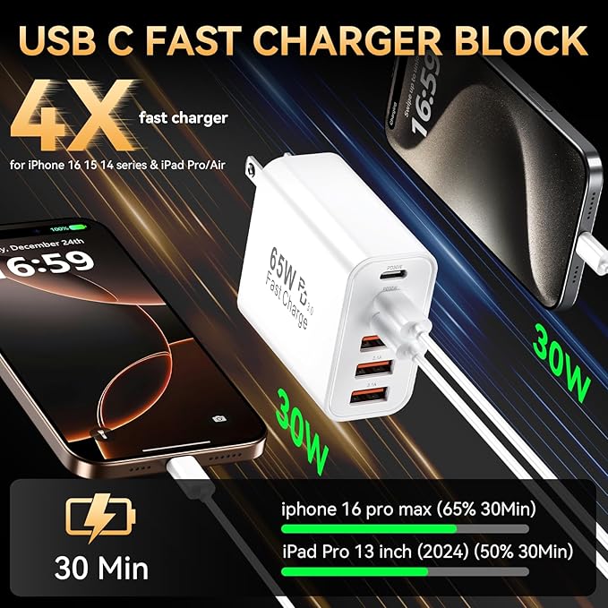 USB C Fast Charging Block, 65W USBC Multi Port Charger Blocks 6-Ports PD & QC Charging Cube Brick Power Adapter Type C Wall Chargers for iPhone 16/15/14/13/12/Pro Max, iPad Pro/Air, Samsung Galaxy S25
