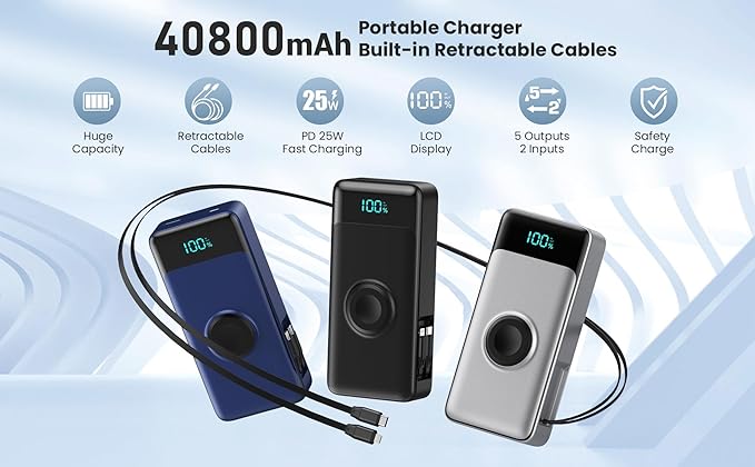 Portable Charger 40800mAh Power Bank with 2 Built-in Retractable Cables,25W PD Fast Charging Phone Charger with iWatch Charger,5 Output 2 Input LCD Display Battery Pack for iPhone 16/15,Android(Black)
