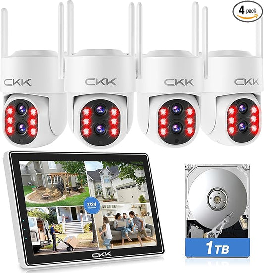 【Dual Wi-Fi,2MP+2MP Dual Lens】 2K Security Camera System with Dual Lens Outdoor, with 10" LCD Monitor, 4 Pcs Dual Band WiFi PTZ Cameras, Two-Way Audio, AI Motion Detection, Color Night Vision,1TB HDD