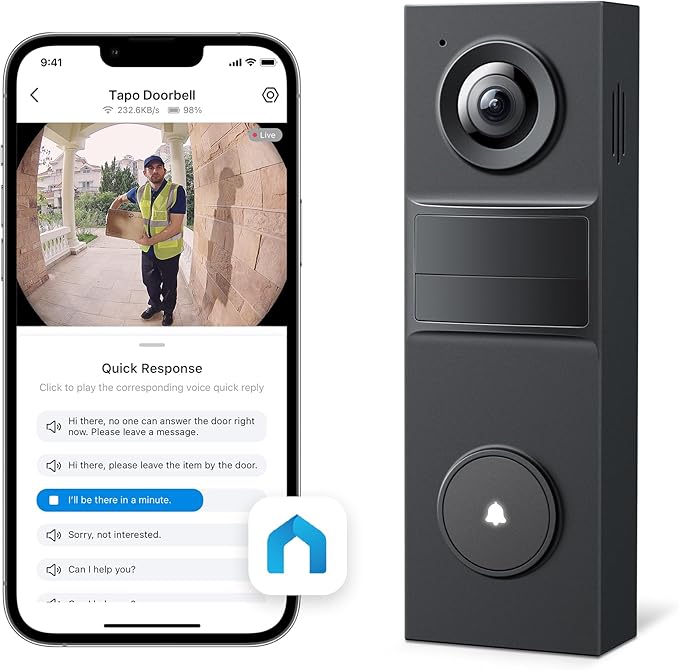 Tapo Smart Video Wireless Doorbell Camera - 2K, 160ยฐ Ultra-Wide View, Up to 180 Days Battery, Alexa, Google Assistant Compatible, Free AI Person Detection, IP54, SD/Cloud Storage, D205