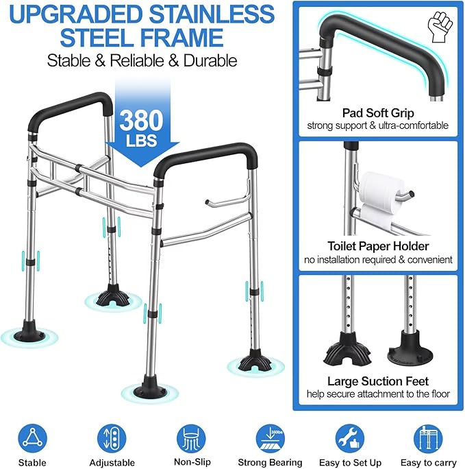 Toilet Safety Rail, 380LB Stainless Steel Toilet Frame with Padded Handles&Paper Holder, Adjustable Detachable Handicap Toilet Rails, Foldable Toilet Support Frame for Elderly