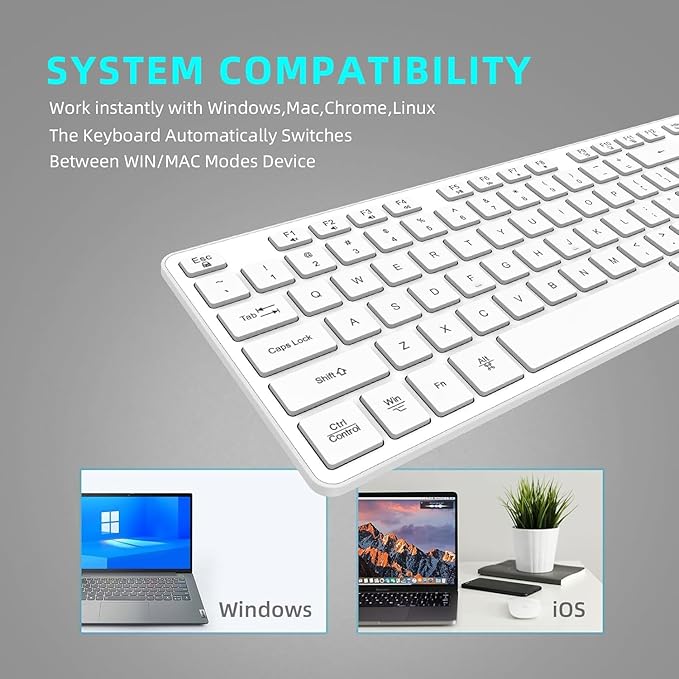 Slim Quiet Wireless Keyboard for Mac and Windows,Durable Flat Keyboard with Full Size Ultra Quiet Low-Profile Flat Keys, 2.4GHz Wireless for Mac,Windows 11/10/8/7/Vista,Microsoft & PC, White