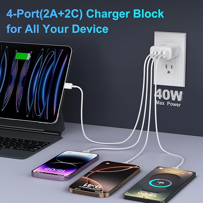 USB C Charging Block, 40W Type C Wall Charger Block 4-Port PD 3.0 & QC Multiport iPhone 16 15 Fast Charger Cube Wall Plug Brick for iPhone 16/15/14/13/12/Pro Max,iPad Pro/Air,Samsung Galaxy S25/S24