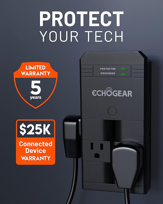 ECHOGEAR On-Wall Surge Protector with 6 Pivoting AC Outlets & 1080 Joules of Surge Protection - Low Profile Design Installs Over Existing Outlets to Protect Your Gear (Black)