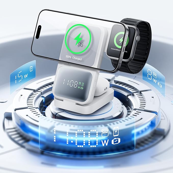 GUSGU 3 in 1 Wireless Charging Station with Real-Time Power and Time Display, Foldable Charging Stand, Compatible with iPhone 17/Air/16/15/14/13/, Apple Watch Series 11/SE3/ Ultra 3, AirPods Pro 3