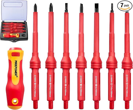 MAXPOWER Insulated Screwdriver Set, 7 In 1 Insulated Electrical Screwdrivers, Magnetic Tip Electrician Screwdriver Tool Kit Includes Phillips, Slotted and Torx Tips