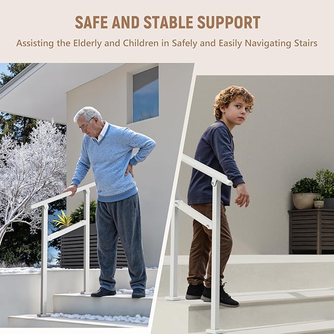Hand Rails for Outdoor Steps,1-2 Step Railing for Stairs,Adjustable Porch Railing,Hand Rails for Seniors,Outdoor Deck Handrails for Exterior Steps,White