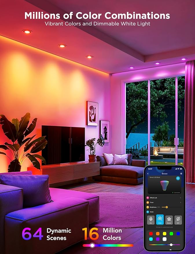 Govee GU10 Smart Bulb, Matter RGBWW Light Bulb Work with Alexa, Google Assistant, WiFi & Bluetooth Color Changing MR16 LED Bulbs, 64 Dynamic Scenes, Syncs with Music, 4 Pack, 400LM, GU10 Base