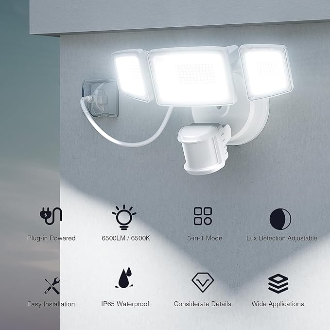 Onforu 65W LED Motion Sensor Outdoor Lights Plug in, Dusk to Dawn Flood Security Lighting Outside, Motion-Activated Detector Exterior Photocell Light Fixture, 6500LM 6500K IP65 Waterproof (White)