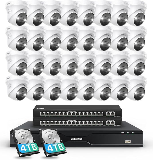 ZOSI 32 Channel 4K PoE Security Camera System, 32 x 4K Spotlight Outdoor Indoor Cameras, Face Person Vehicle Detection, 2 Way Audio, 32CH 8MP Surveillance NVR with 8TB HDD for Business 24/7 Recording