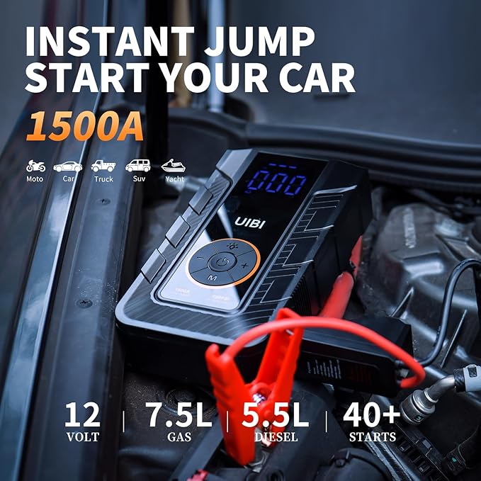 Jump Starter with Air Compressor, X3 1500A Car Battery Jumper Starter Portable for 8.0L Gas or 6.0L Diesel Engine, 12V Jump Box with Smart Jumper Cables, 150PSI Tire Inflator, PD45W, LED Light
