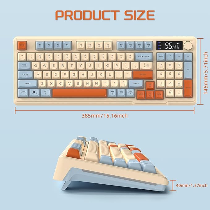 ZIYOU LANG M96 Wireless Gaming Silent Membrane Keyboard,Display Screen & Knob with Multimedia Keys Dual Mode Bluetooth/2.4Ghz,Rainbow Backlight 94Keys Ball Shape PBT Keycap ANSI Layout for Win/Mac