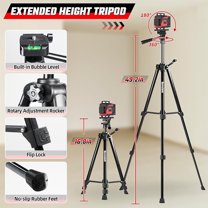 Laser Level with Tripod, 4x360° Green Line Laser Tool with Self-Leveling & Manuel Models, Remote/Touch Control, Rechargeable Battery for Picture Hanging, Tile, Home Renovation (Bag Included)