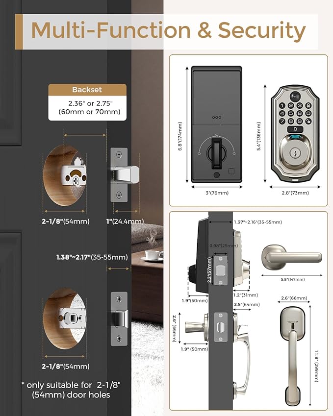 WiFi Smart Lock with Camera - Keyless Entry Deadbolt with Handle Set, 5-in-1 Camera+Doorbell+Fingerprint+Keypad, App Control, Auto Lock, Easy Install, Waterproof for Front Door, Satin Nickel