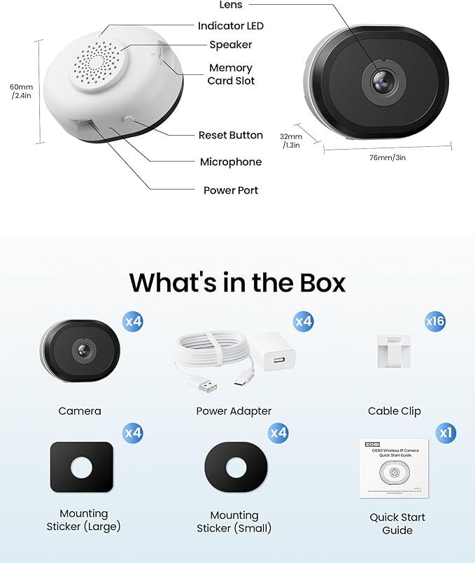 ZOSI 4 x C680 2K Window Security Camera with Full Color Night Vision, 3MP Indoor Plug-in WiFi Camera for Home Security, Human Vehicle Detection, 2.4/5GHz, Cloud/Memory Card Storage, Easy Install