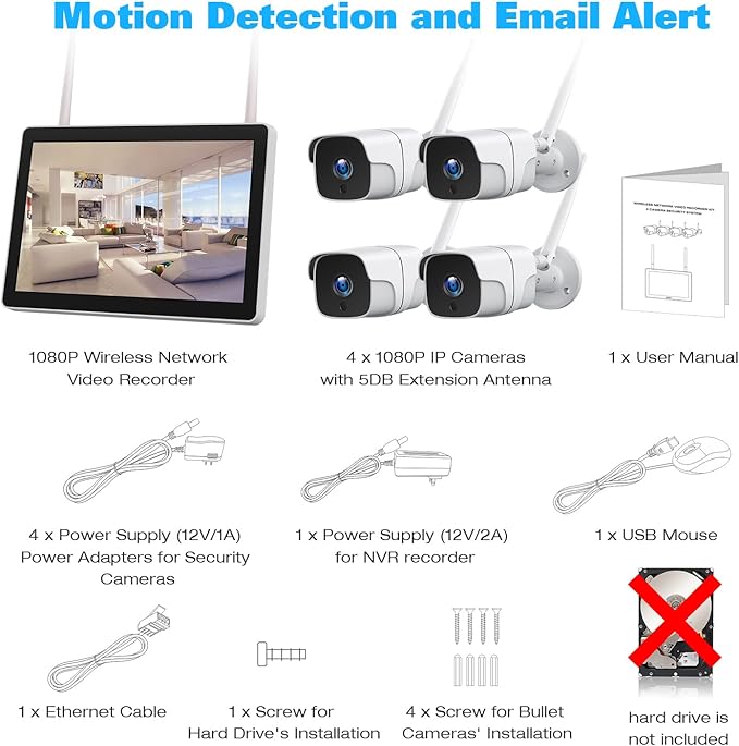 Wireless Security Camera System with 12" Monitor, 8CH NVR & 4pcs WiFi Cameras - Plug & Play, Night Vision, 24/7 Recording (No HDD + 4cam + 12" Monitor)