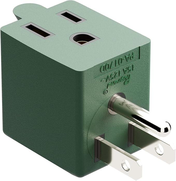 90 Degree Adapter Downward Angle USA 3-Prong Male-Female Adapter,90 Degree Angled USA Male Female Power Adapter, 5-15P to 5-15R Direction Changer Space Save Adapter Green PA-0170DG