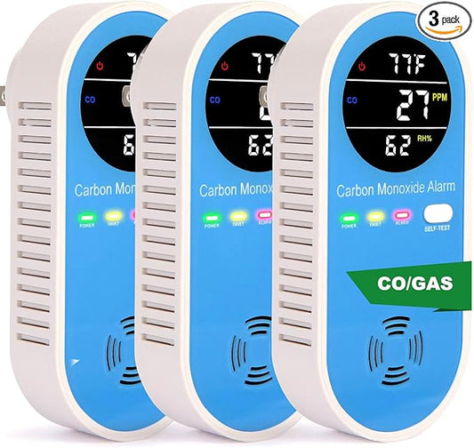 Plug-in Carbon Monoxide Detector with Real-Time CO Display & Temperature/Humidity Monitor, Plug-in CO Alarm for Home, RV, Apartment, Indoor Air Safety 3-Pack