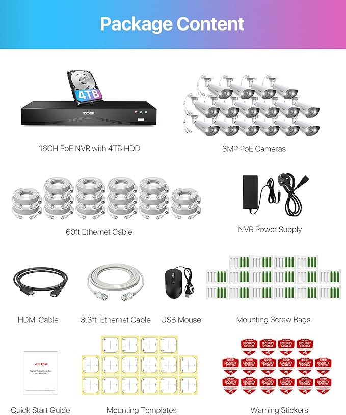 ZOSI 4K 16CH Spotlight PoE Security Camera System with Person Vehicle Detection,16pcs 4K PoE IP Cameras Outdoor,2 Way Audio,Night Vision,Sound&Light Alarm,16CH 8MP NVR with 4TB HDD for 24/7 Recording