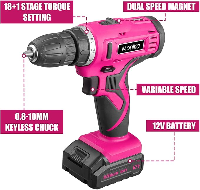 Monika 12V Pink Lithium Cordless Drill Bit Set Kits Screw Bits Sockets 18+1 Torque Setting, LED Light, Electric Power Drill Driver for Home, Office DIY and Wall Drilling, Wood, Metal W/Battery