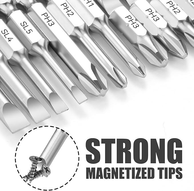 22 Piece Slotted Phillips Screwdriver Bit Set, 1/4 Inch Hex Shank S2 Steel Magnetic 1" and 2" Long Drill Bits