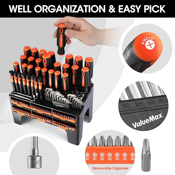 ValueMax 126-PC Magnetic Screwdriver Set with Plastic Racking Organizer, Magnetizer Demagnetizer, DIY Tools & Equipment for Men Women Mechanic, Herramientas Tool Bit Kit Home Improvement Gift