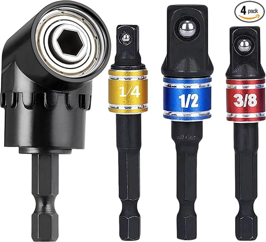 Impact Grade Driver Sockets Adapter Extension Set Drill Bit+Right Angle Drill,3Pcs 1/4 3/8 1/2" Universal Socket Adapter Set,105 Degree Right Angle Screwdriver set Drill Hex Bit Socket Adapter