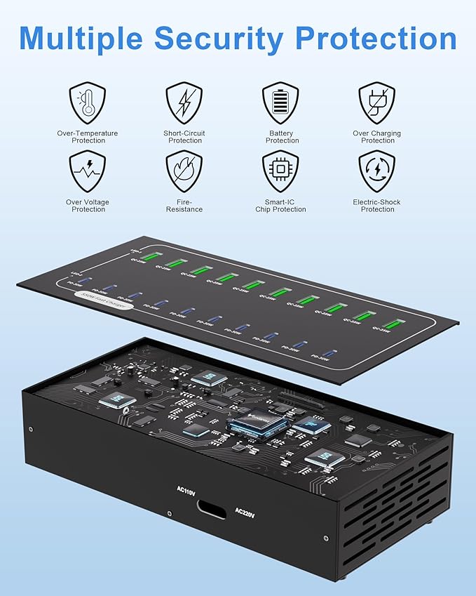 550W USB Charging Station, 20 Port Fast Charging Station for Multiple Devices, PD3.0/QC4.0 Multi-Protocol, Smart Power Delivery & Overload Protection for iPhone, iPad, Tablet, and More