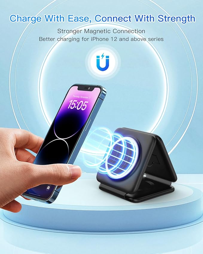 Magnetic Wireless Charger for iPhone: Fodable 3 in 1 Charging Station for Multiple Apple Devices - Travel Charging Pad Dock for Apple Watch iPhone 16 15 14 13 12 Pro Max Plus & Airpod