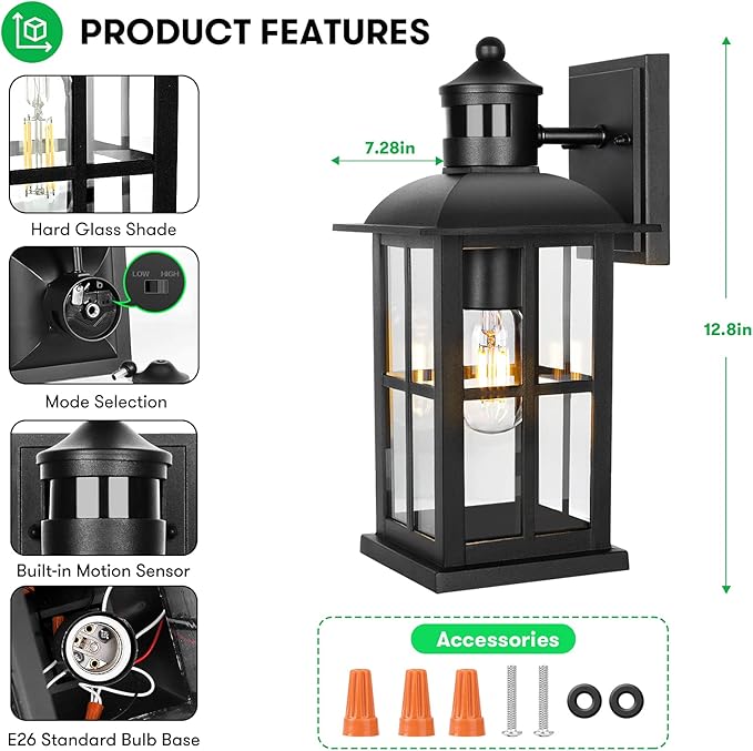 13in Motion Sensor Porch Lights, Anti-Rust 100% Aluminum Dusk to Dawn Outdoor Light Fixtures, Exterior Wall Lanterns Sconce Lighting Black, Outside Lights for House Wall Mount for Entryway Garage