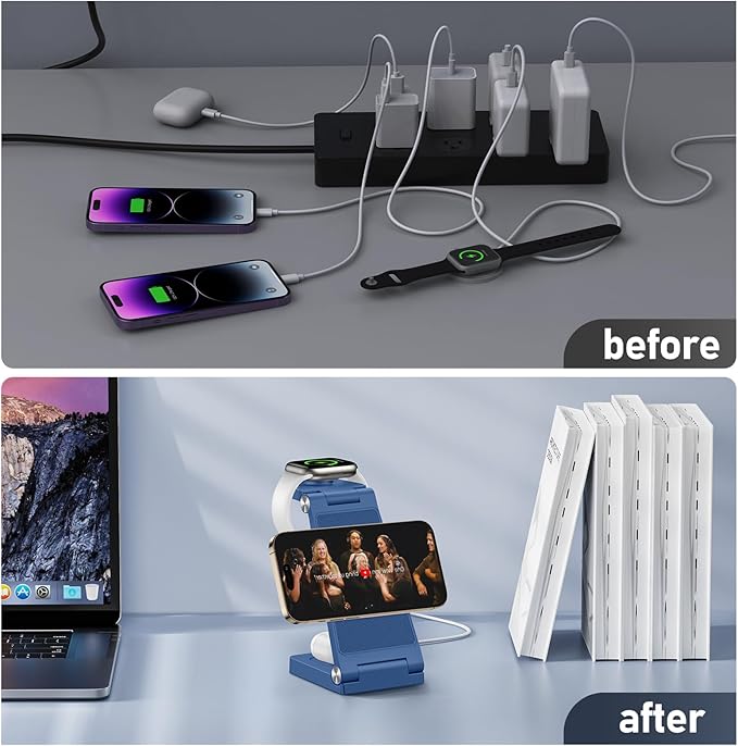Magnetic Wireless Charger Stand, 3 in 1 Foldable Wireless Charging Station, Travel Charger for Multiple Devices for iPhone 16 15 14 13 12 Series, Apple Watch Ultra/SE/9/8/7/6/5/4/3/2, AirPods