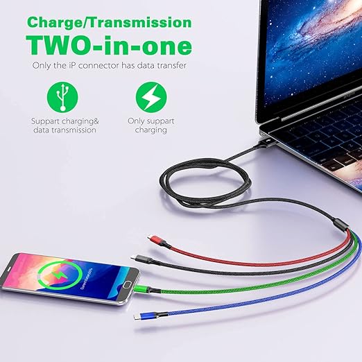 Multi Charging Cable 4A,5Ft/ 2Pack 4 in 1 Charger Cable,Braided Multiple USB Cable Universal USB C Charging Cord with Lightning/Type C/Micro USB Port for iPhone 17/16/15/14/13/Samsung Series/PS & More