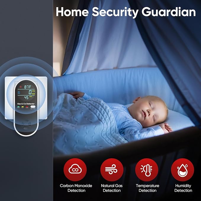 4-in-1 Upgraded Natural Gas Leak Detector and Carbon Monoxide Detectors, Dual Sensor Gas Leak Detector & Carbon Monoxide Detectors Plug in (Temperature & Humidity) for Home, RV (Black)