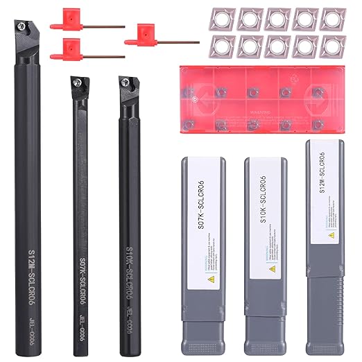 13 Pcs Indexable Lathe Turning Tool Kit,3pcs Lathe Turning Tool Holder S07K/S10K/S12M-SCLCR06 and 10Pcs CCM21.51/CCMT060204 Carbide Inserts