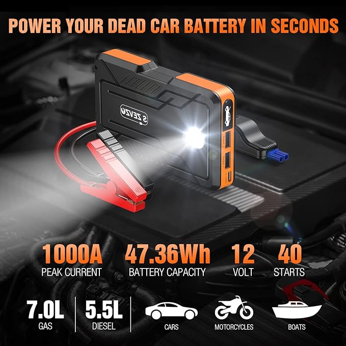 S ZEVZO Jump Starter 1000A Peak Portable Jump Starter for Car (Up to 7.0L Gas/5.5L Diesel Engine) 12V Auto Battery Booster Pack with Smart Clamp Cables, USB Charge, LED Flashlight Jump Box