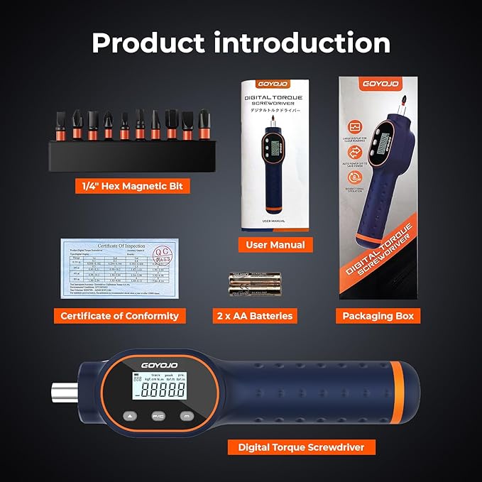 Digital Torque Screwdriver 1.77–17.7 in-lbs, with Strong Magnetic Bits, Buzzer, 999 Data Storage, 1/4" Drive Adjustable Torque Wrench Screwdriver Set for Gunsmithing, Electrician, Repairs and Mounting