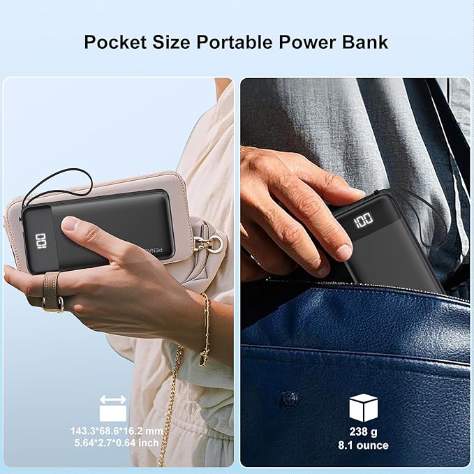 Portable Charger 10000mAh Power Bank with Built-in Cable, 5 Output 2 Input Travel Essential External Battery Pack with LED Display Compatible with iPhone 16/15 Samsung S22 Android,etc