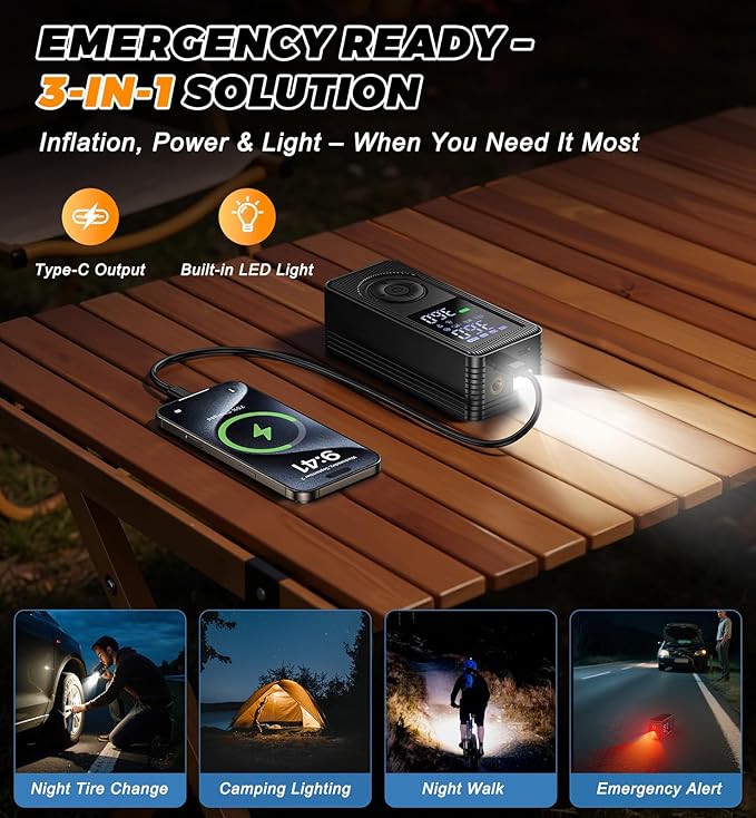 Tire Inflator Portable Air Compressor - 180PSI 5X Fast Inflation Rechargeable Battery & 12V DC Adapter Powered Air Pump for Car Bike Motorcycle Tires Balls with LCD Display, LED Light, Pressure Gauge