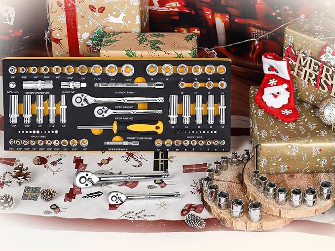 TOPLINE 79-Piece 1/4” & 3/8”Drive Impact Socket Wrech Set, 6-Point Socket Set, Metric, SAE CR-V Sockets with EVA Foam Tray for Bench Storage, Deep & Standard Mechanic Tool Set for Home Maintenance