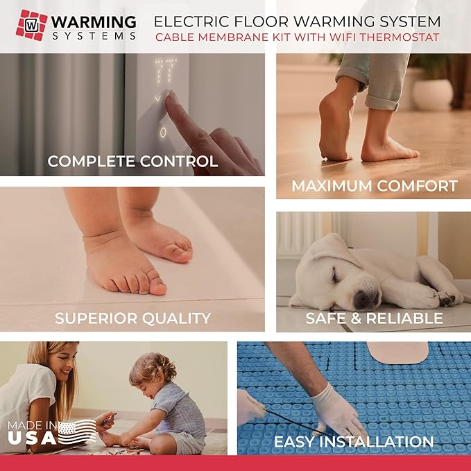 150 Sqft 120V Electric Radiant Floor Heating Kit – Includes Heating Cable, Heat Membrane, WiFi LED Programmable Thermostat and Installation Monitor