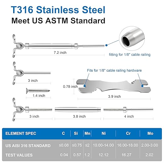 10 Pairs Cable Railing Kit 1/8" Swage Toggle Turnbuckle Hardware T316 Stainless Steel for Wood Post WoodEasy System Angle 180° Adjustable Stairs Deck 10 Cable Lines