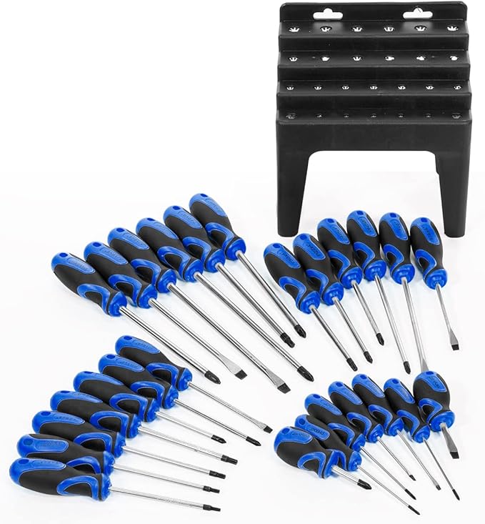 Stark USA 26-piece Screwdriver Stand Slotted Philips Pozi Star Organizing Set Magnetic Tip Screw Driver Rack, Blue/Black