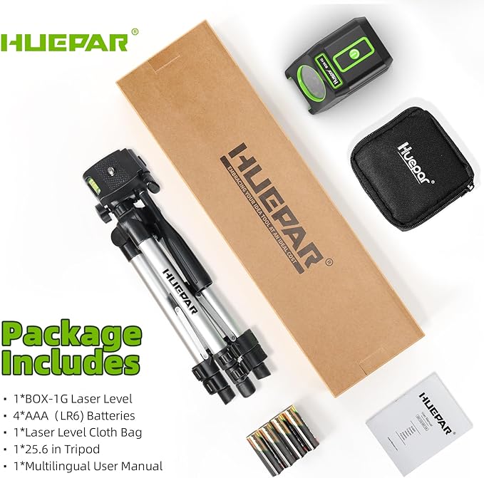 Laser Level with Tripod, Huepar 150Ft Self Leveling Lazer Level Outdoor Use, 150° Vertical Green Cross Line Level Laser for Picture Hanging, Tile, Construction Project - Pulse Mode (25.6 in Tripod)