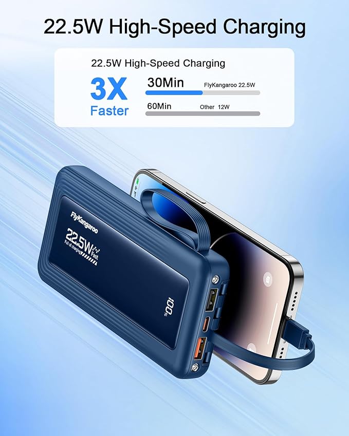 Portable Charger with Built in Cables, Slim 10000mAh Fast Charging 22.5W Power Bank USB C LED Display Battery Pack 6 Outputs & 2 Inputs for iPhone Samsung Pixel LG Moto iPad
