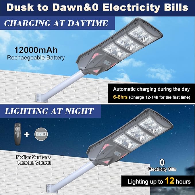 10000LM Solar Street Light Aluminium Outdoor Light, Motion Sensor Waterproof Solar Power Wall Patio Flag Lights for Garden Yard Garage with Remote (1000W)