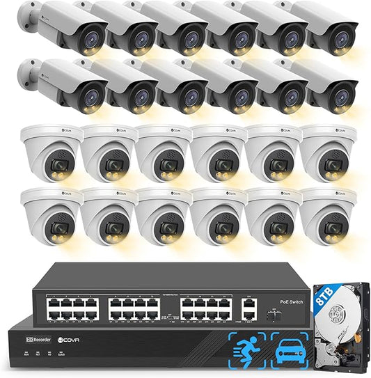 4COVR 32 Channel Security Camera System, 2-Way Audio Talk, Person Vehicle Detection & Smart Color Night Vision, UHD NVR 8TB HDD, 12 Dome 12 Bullet 5MP PoE IP Camera Business IP67, LYH37Y5M3224
