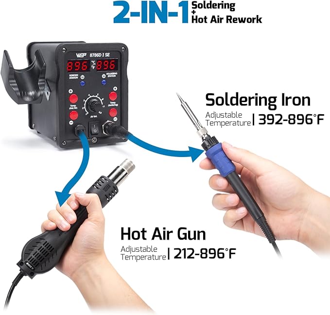 WEP 8786D-I SE Hot Air Soldering Iron Station Kit 2-IN-1 for Rework, Desoldering with Lead-Free Solder Wire, 5 Soldering Tips, 3 Hot Air Nozzles,Tweezers, Desoldering Pump