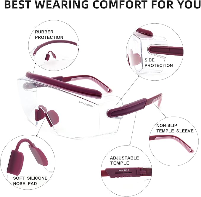 UKNOW Safety Goggles Over Glasses, Anti Fog Safety Glasses with Clear Wraparound Lens, ANSI Z87.1 Protective Eyewear