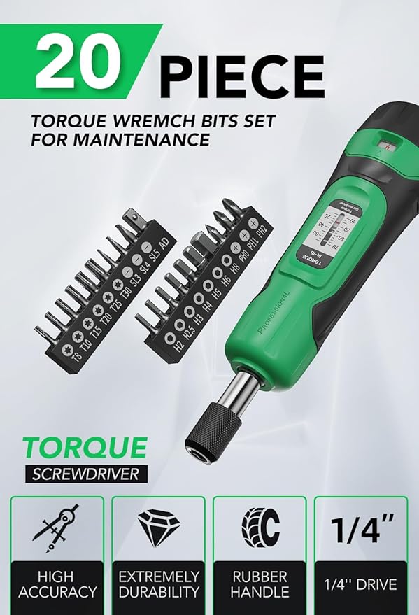 Torque Screwdriver, 1/4" Drive Screwdriver Torque Wrench 10-70 Inch Pounds, Torque Screwdriver Wrench Set, 20 Pcs Torque Wrench Bits Set for Bike,Tool,Maintenance