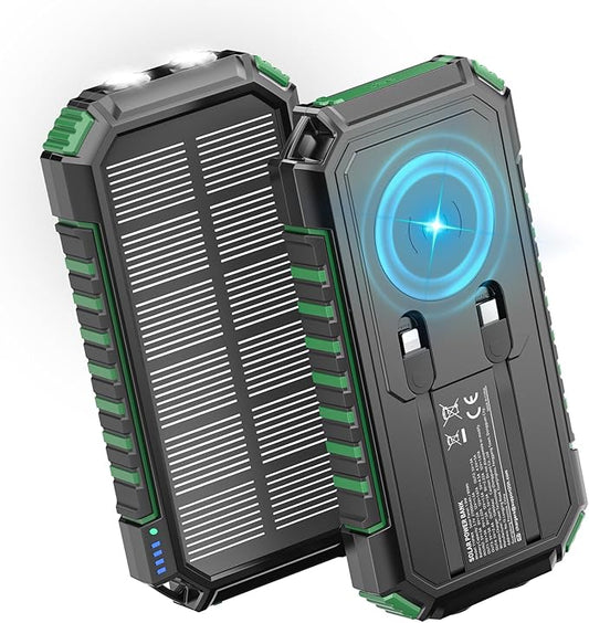 Riapow Solar Charger Power Bank, 27000mAh Wireless Portable Charger Built-in Cables, 22.5W Fast Charging Battery Bank with USB C in/Output, PD QC 3.0 Battery Pack Flashlights Outdoor (Green)